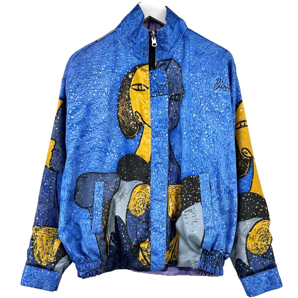 RARE Vintage Blue Purple Picasso Wearable Art Printed Satin Zip Up Light Jacket